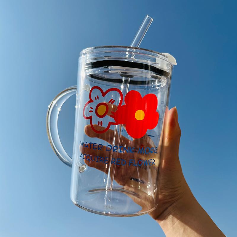 Skleněné šálky 1000 ml s víčkem a slámkou Roztomilé hrnky na kávu Velké sklenice na nápoje Voda Čaj Korejský mléčný džus Pivní šálek