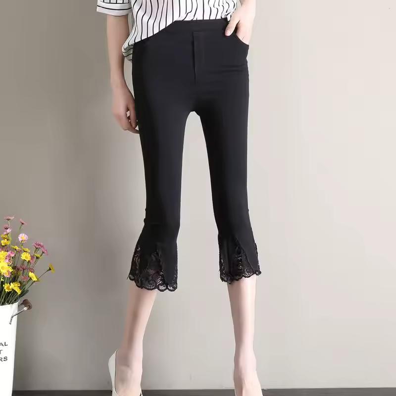 Women Summer Clothing Flare Capris Pants Thin Splicing Lace Elastic High Waist Solid Casual Slim Trousers