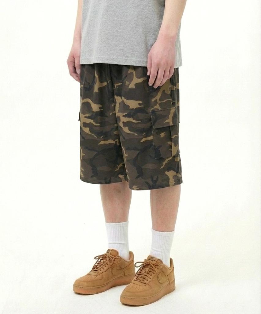 URBANAGE Bermuda Camo Wide Cargo Sweat Shorts_Khaki
