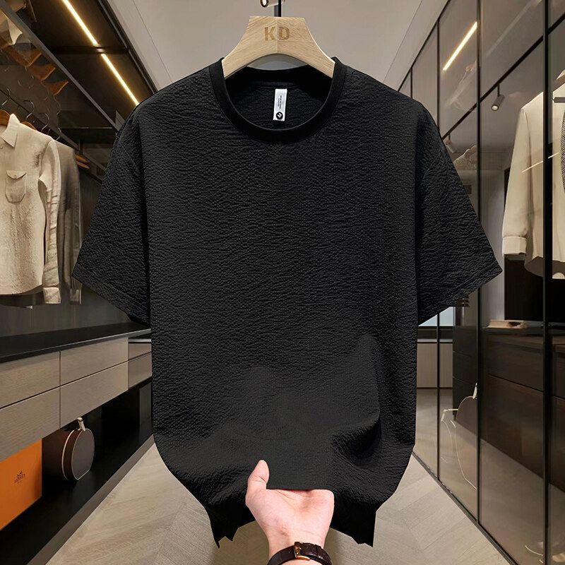 Ice Silk Men T-shirt Short-sleeved High-end New Light Luxury High-quality Solid Color Bubble Yarn Texture Round Neck Hand Towel