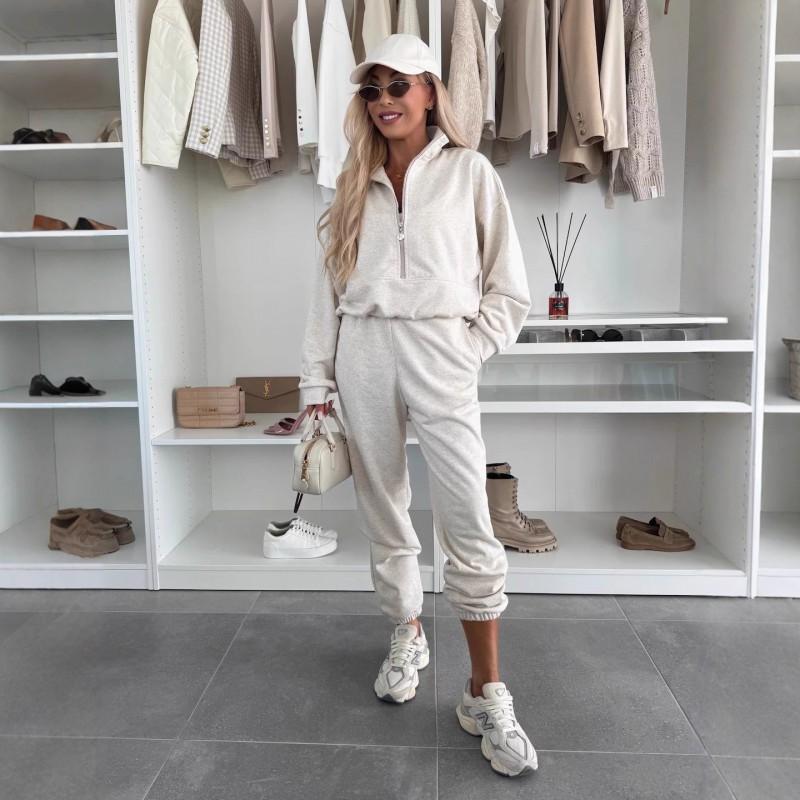 Womens 2-Piece Casual Tracksuit Solid Color Long Sleeve Zip Sweatshirt Elastic Waist Pants Streetwear