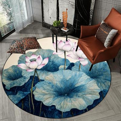 Luxury  Blue Lotus Floral Pattern Round Shape Floor Mats Kitchen Hallway Runner Rug Bedroom Living Room Soft Carpet Non-slip Area Rug