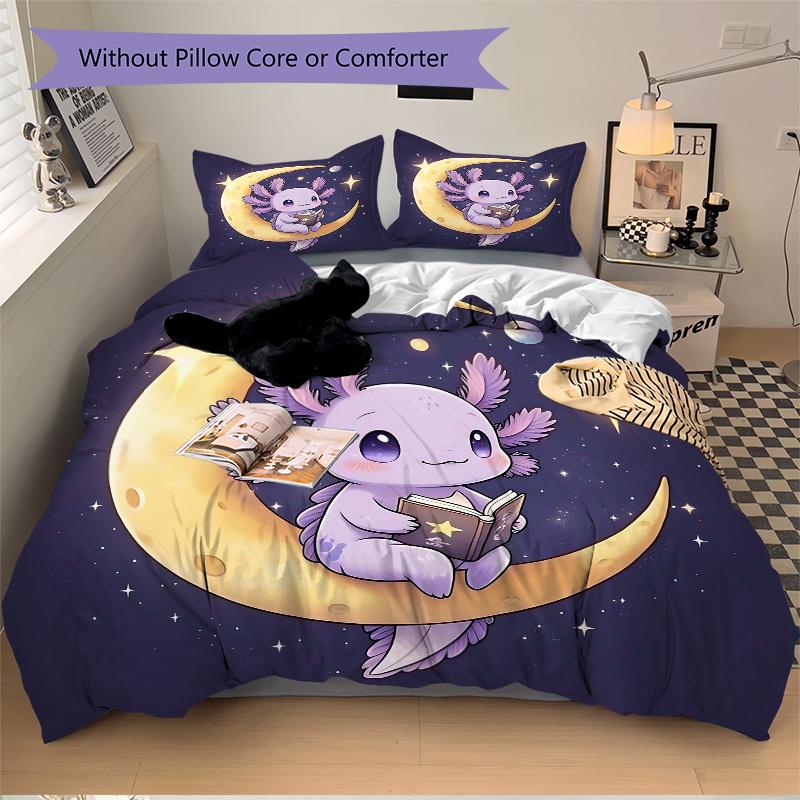 3pcs Cute Cartoon Purple Axolotl Printed Quilt Set - Soft and Comfortable Quilt Cover for Bedroom, Guest Room and Dormitory Decorative Beddi