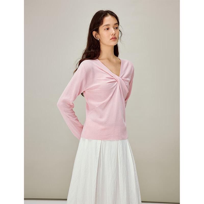 INMAN Women's Lyocell Linen V-Neck Twisted Knit Pullover Top