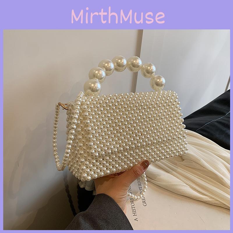 Lady Beading Handwoven Girl Travel Mini Bag Pearl Decor Magnetic Flap Closure