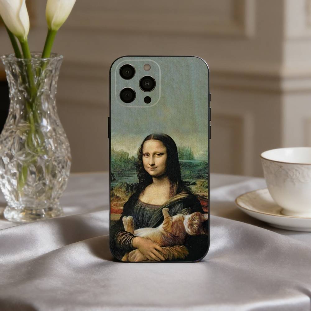M-Mona-A L-Lisa Pat C-Cat Art Phone Case For iPhone 17,16,15,14,13,12,11 Plus,Pro Max,XS,Soft Silicone Black Cover