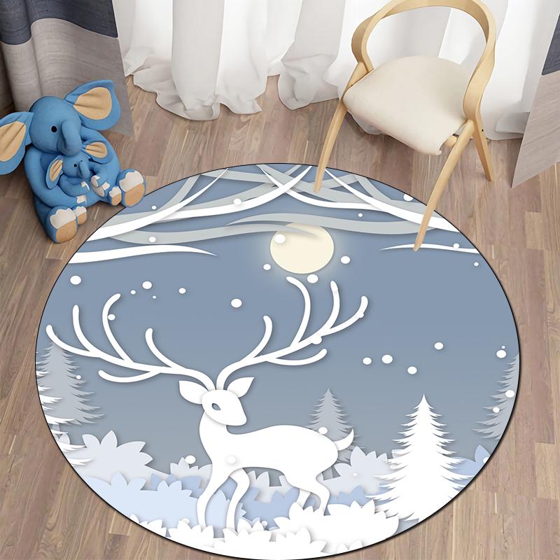 Floor Mat Living Room Rug Children's Crawling Play Area Mat Anime Carpet Door Mat Forest Fawn Round Rug