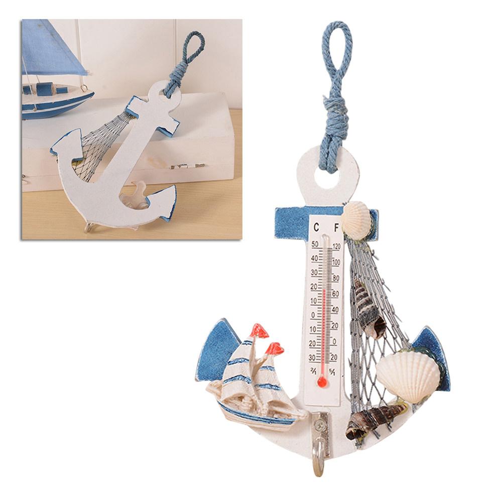 2Pcs Beach Style Hanging Ornaments Anchor Wall Hooks Mini Thermometer Shells Net Nautical Decor Bedroom Photography Background