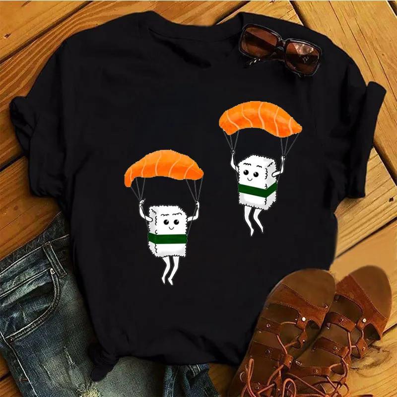 Cute Sushi hug Women T-shirts Summer black Short Sleeve T shirt girl femme O-Nock Kawaii Clothing Top tee Ladies Harajuku Tshirt