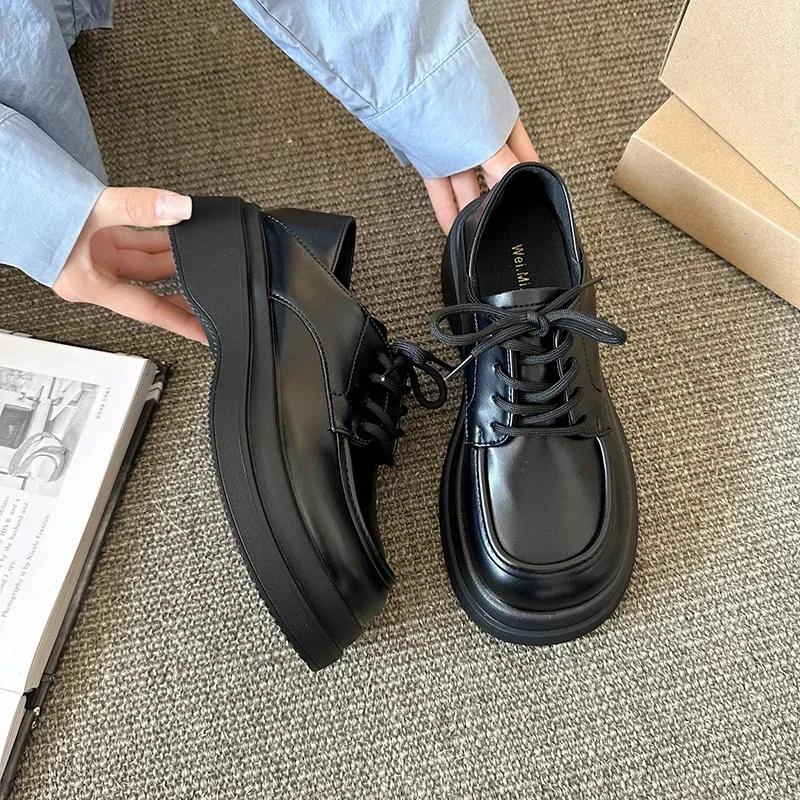 Damskie Buty Platformy Oksfordki Styl Brytyjski Obuwie Damskie Okrągły Nosek Casualowe Trampki Płaskie Buty Platforma Średni Obcas Czółenka