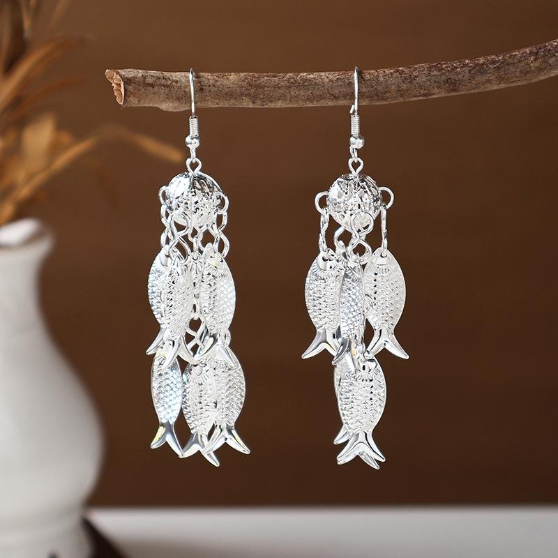 Ethnic Miao Silver Tassel Earrings - Retro Long Dangle Scenic Studs for Women