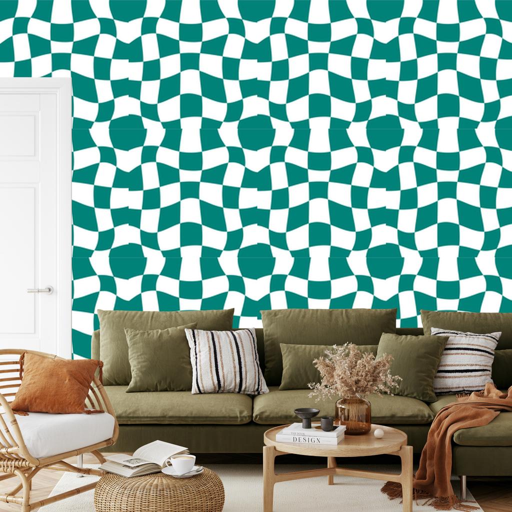Wallpaper Casual checkerboard turquoise, white, celadon and mint 50x1000
