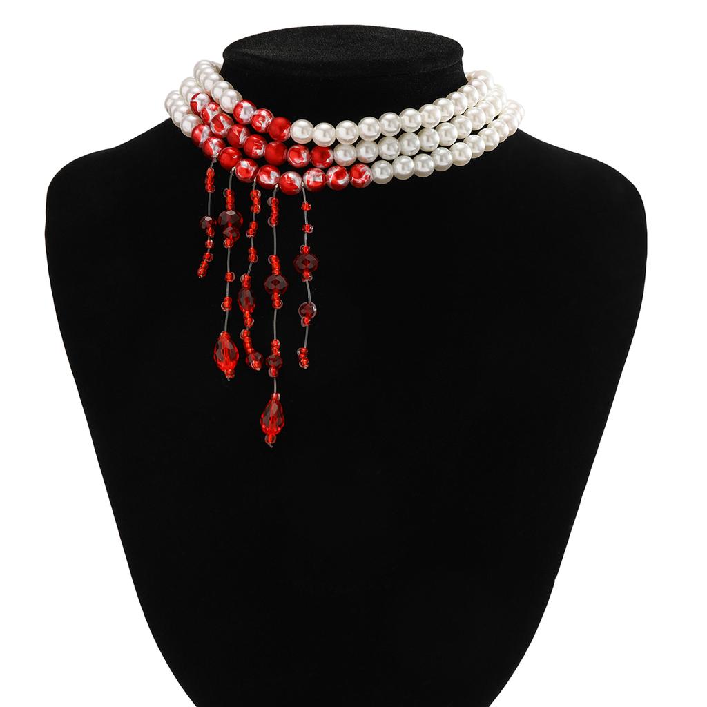 PuRui Gothic Imitation Zircon Necklace With Crystal Beads Tassel Pendant Neck Chain Bloody Choker for Women Girls Party Zircon
