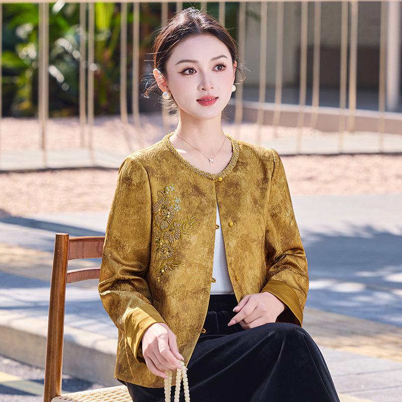 

Elegant Spring & Autumn Chinese Style Jacket for Middle-Aged and Elderly Women XXL (105-120 jin) жовтий
