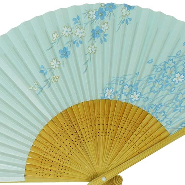 [Stylish Kimono Iroha] High-quality painted fan, made in Japan, white bamboo with carved cherry blossom design, blue pearl background, scented.