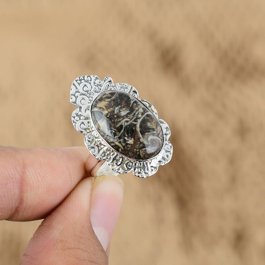 Mothers day Deal 925 Silver Oval Natural Turritella Agate Promise Statement Ring