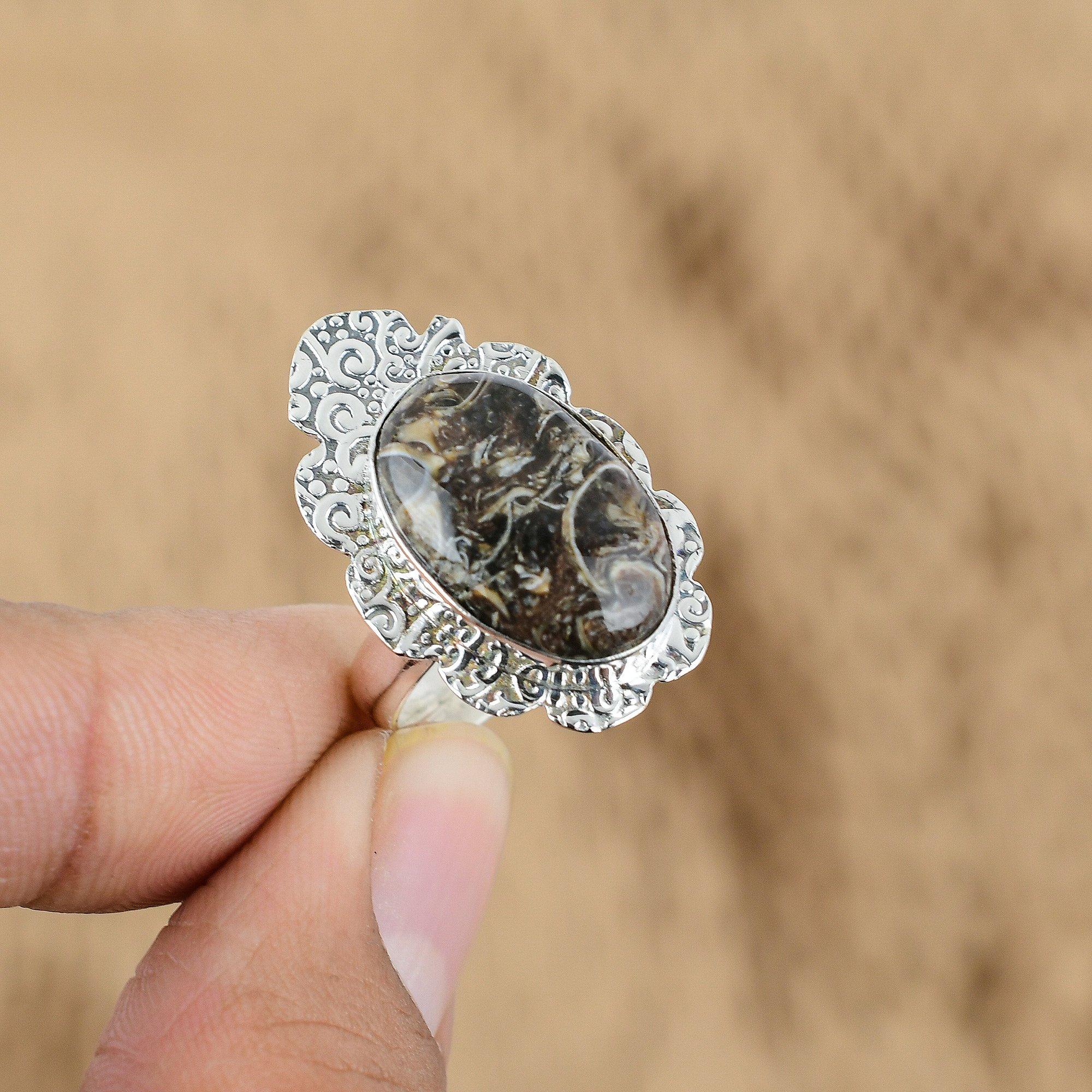 

Mothers day Deal 925 Silver Oval Natural Turritella Agate Promise Statement Ring Yes