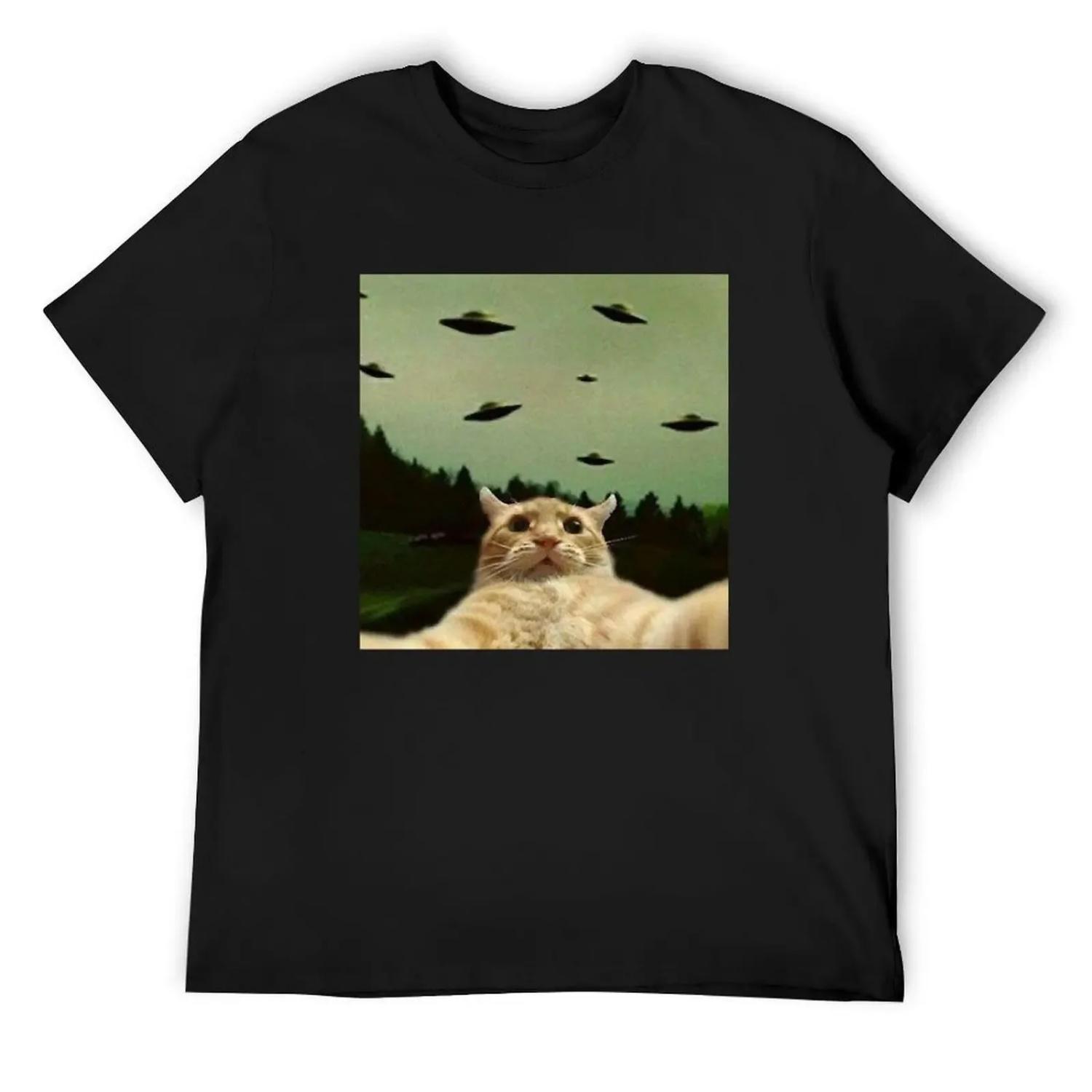 

cat selfie with ufo T-Shirt Luxury man basketball graphic tees summer 2025 mens funny t shirts XXXXXL чорний