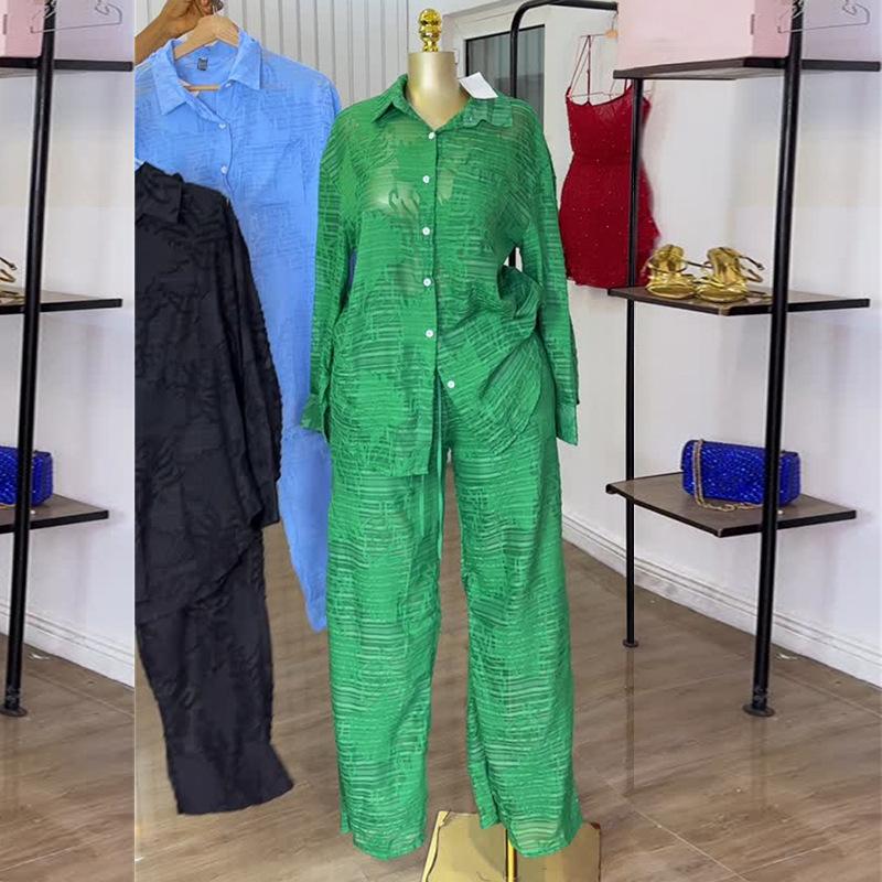 Jacquard Shirt and Wide Leg Pants Set, Elegant Two-Piece Outfit for Women