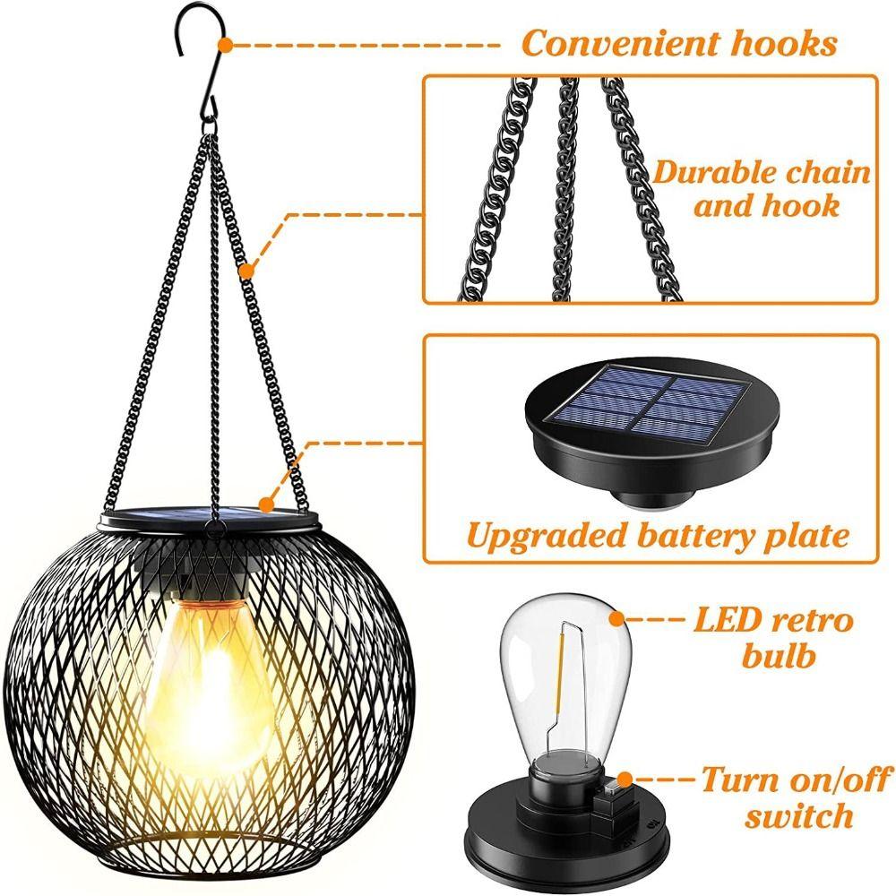 Waterproof Solar Lantern Lights Brighter Metal Solar-Powered Hanging Lanterns Durable Rechargeable Wireless Outdoor Lights