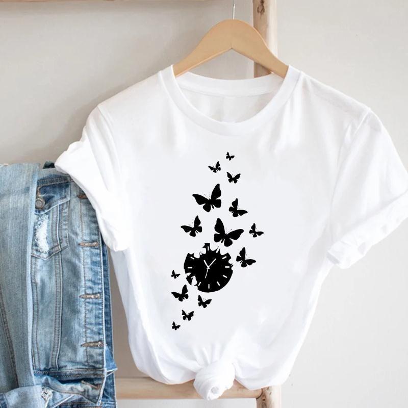 Butterfly Women Printing T-shirt Casual T Tee Vintage 90s Top Fashion Clothes Cartoon Print Lady Female Clothing Graphic Short Sleeve T-shirt