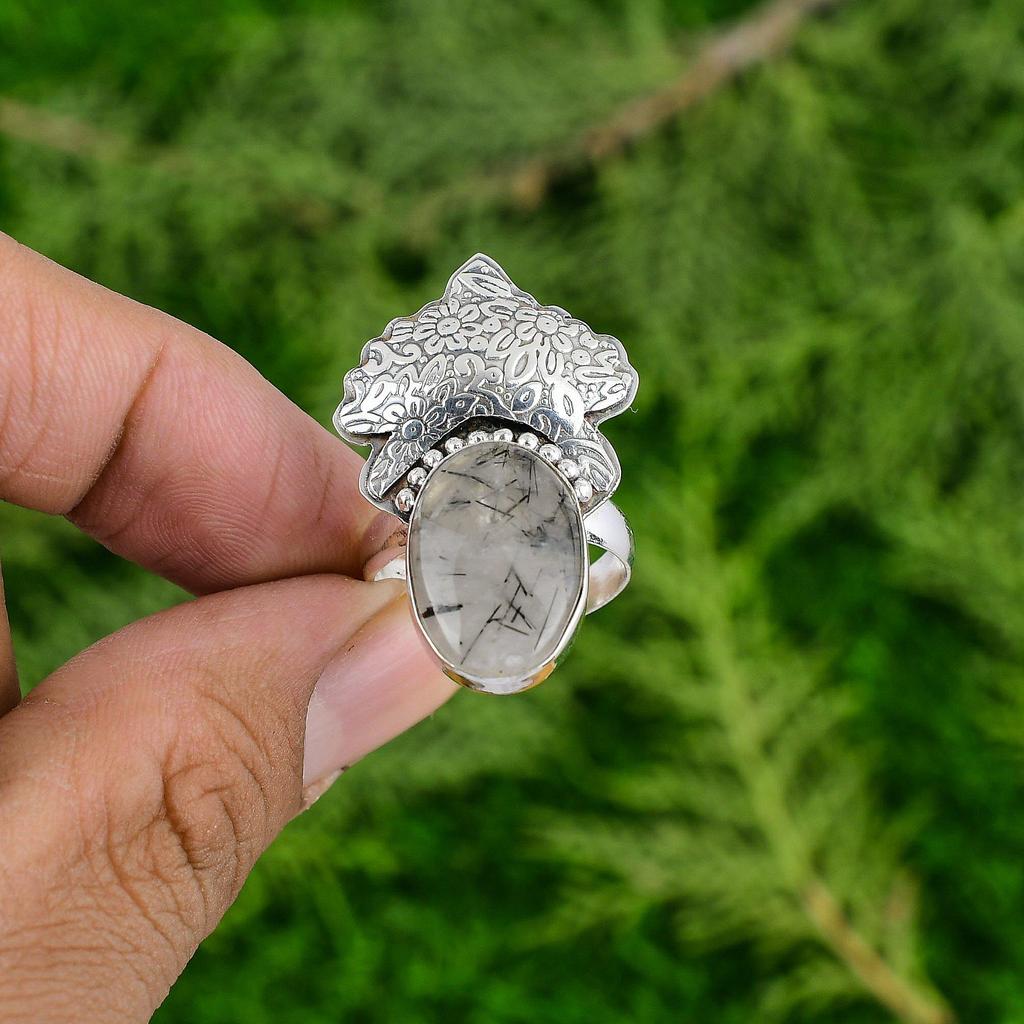 Oval Natural Black Rutilated Quartz Sterling Silver Anniversary New Promise Ring