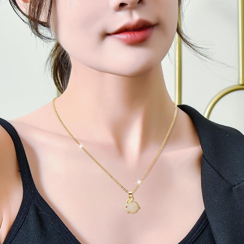 Cute Bunny Pendant Imitation White Jade Rabbit 18K Gold Titanium Steel Necklace Women'S Light Luxury Niche High Sense