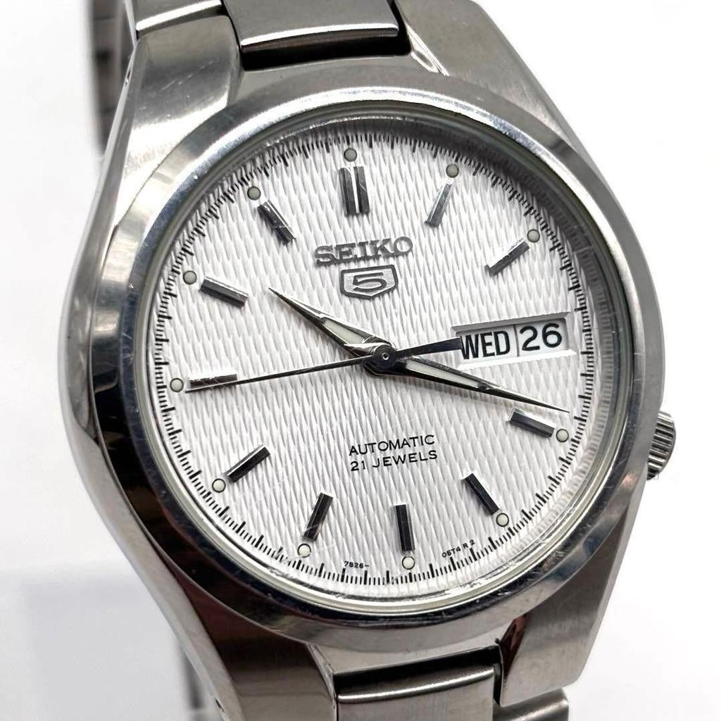 Used SEIKO 5 Automatic Watch with White Dial, Exhibition Case Back, Day-Date - Reason for Discount