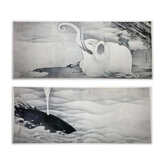 Ukiyo-e Tenugui Towel: Whales and Elephants by Ito Jakuchu, 100% Cotton, Tokka Fabric, Japan