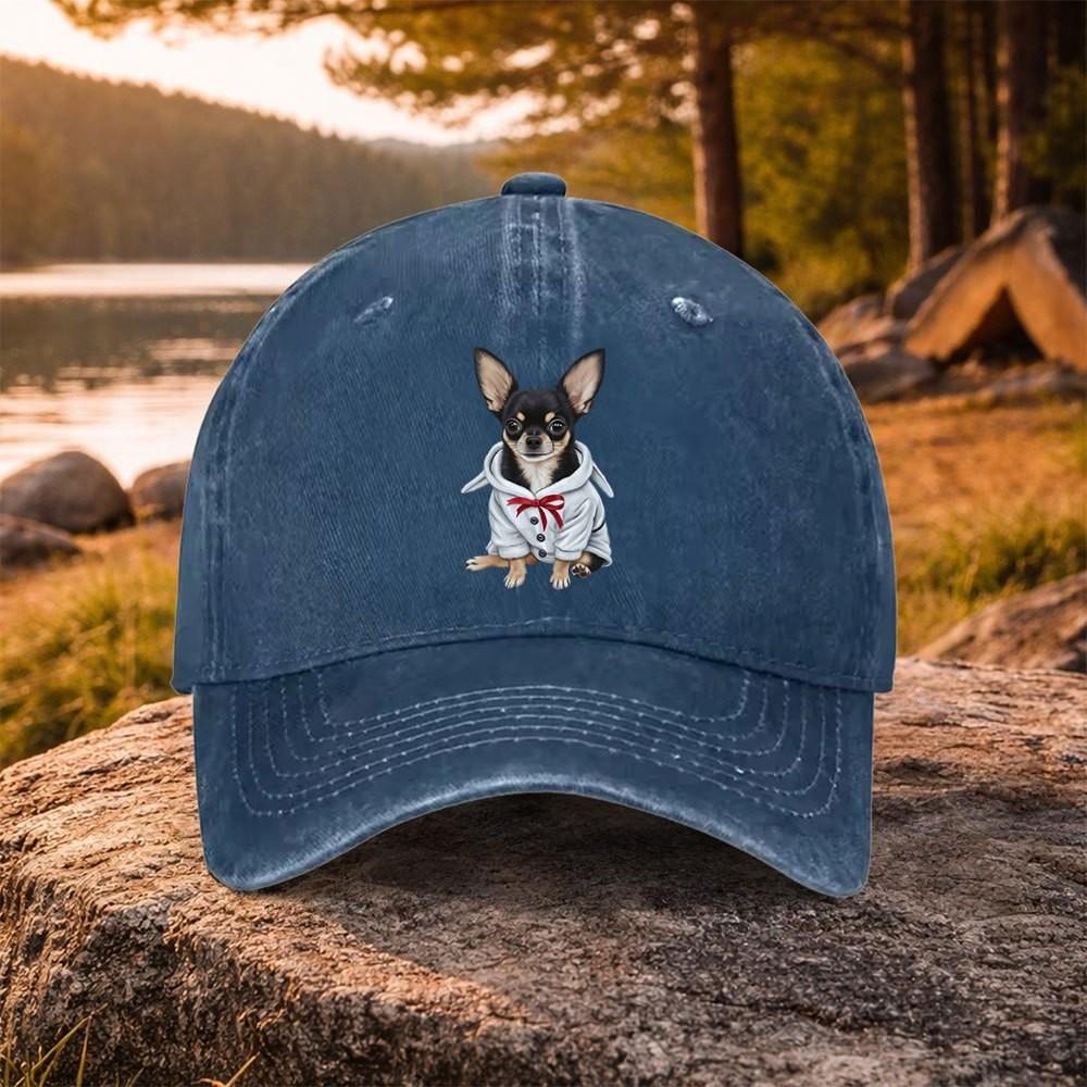 Chihuahua Hunde-Print Gewaschene Baseballkappe Used-Look Baumwolle Verstellbar Outdoor-Aktivitäten Hut Unisex