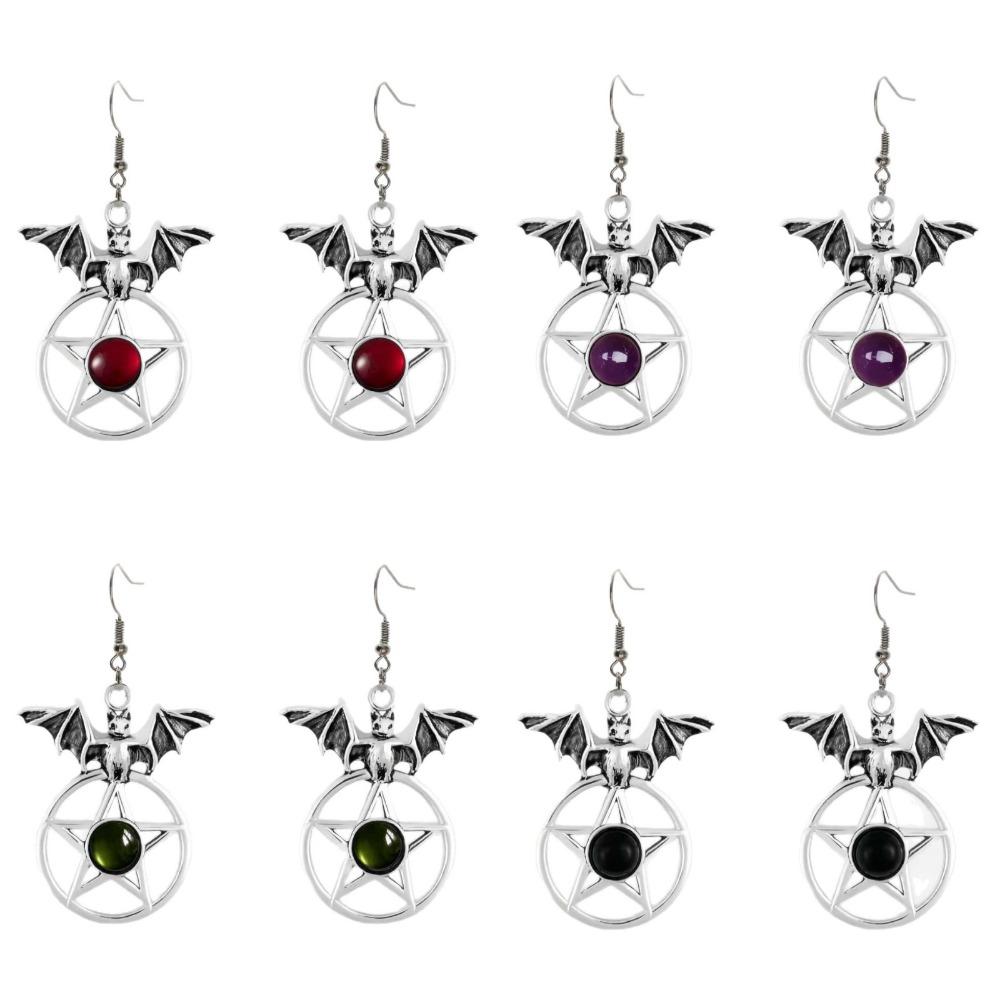 Goth Punk Sliver Color Vampire Bat Five-pointed Star Red Crystal Pendant Dangle Earrings for Women Halloween Party Witch Jewelry
