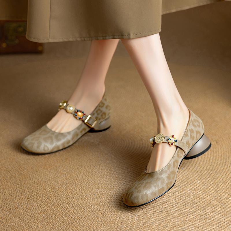 Krazing Pot Stain Sheep Skin Summer Size 40 Mary Janes Low Heels Gray Color Leopard Prints Round Toe Elegant Shallow Pumps
