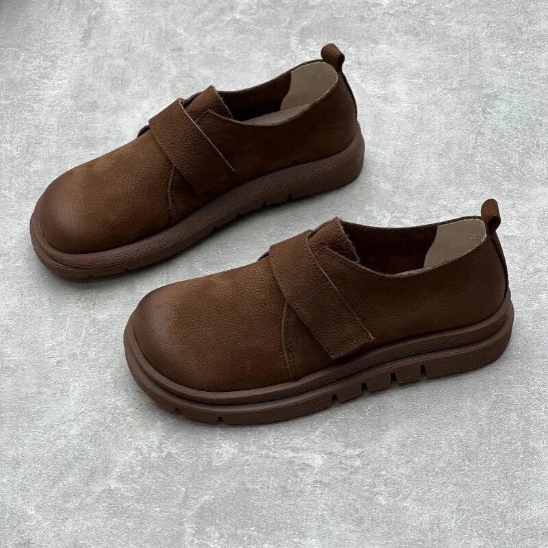 Johnature Neformální ploché boty z pravé kůže Retro kulatá špička Měkká podrážka Pohodlné jednobarevné boty