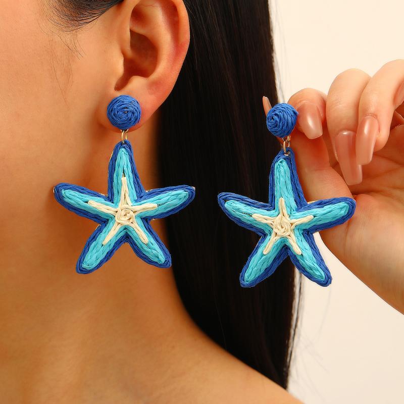 Summer Flower Starfish Dangle Earrings Women Handmade Raffia Dopamine Vacation Style Exaggerated Boho Beach Accessories