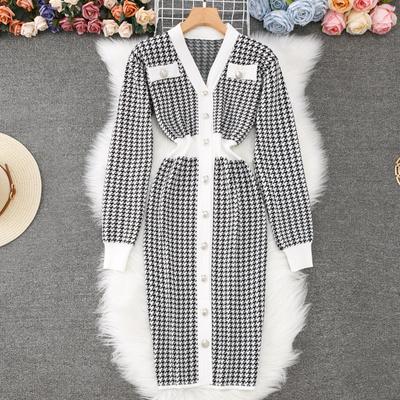Autumn Winter Women Elegant V-neck Houndstooth Knitted Sweater Office Party Slim Bodycon Sheath Dresses