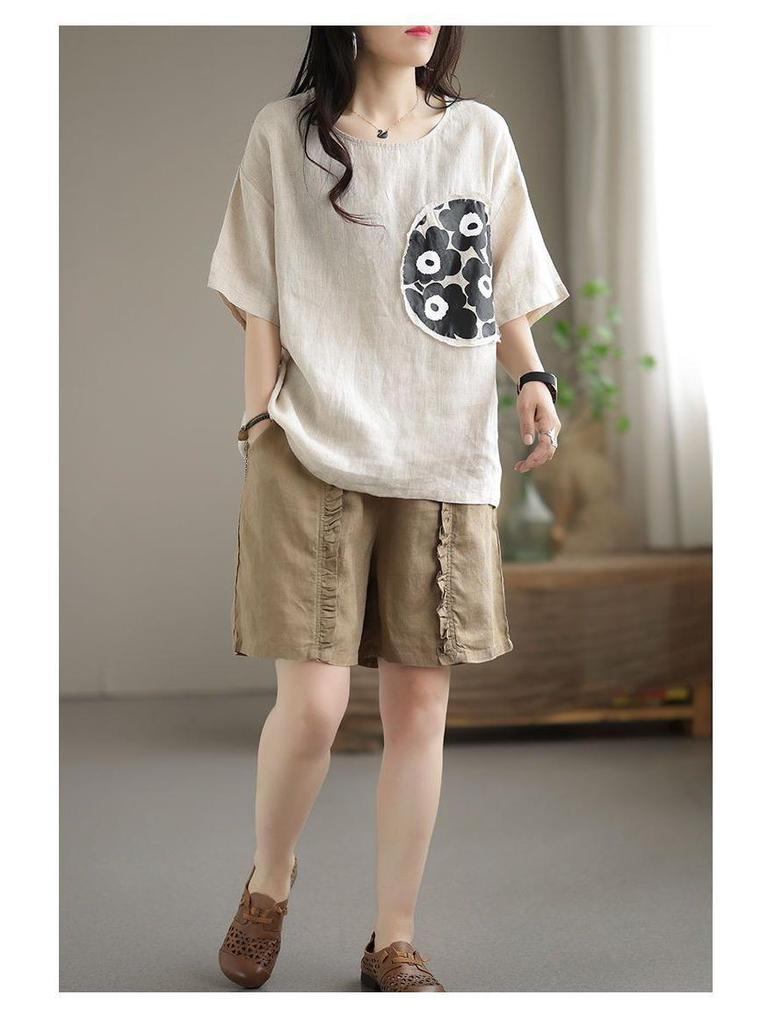 Women's Retro Pleated Cotton-Linen Harem Shorts – Casual, Loose, Elastic Waist for Spring/Summer