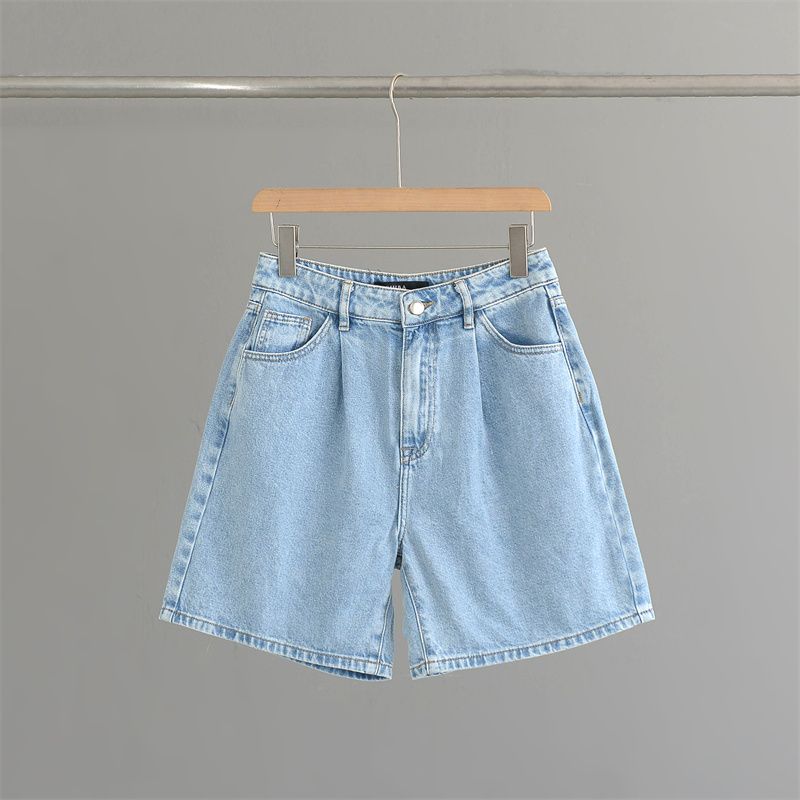

Export European and American Summer Thin Straight-leg Fifth Jeans Mid-High Waist Stretch Slim Looking Shorts Chubby Girl Plus Size Women s Pants Blue 12