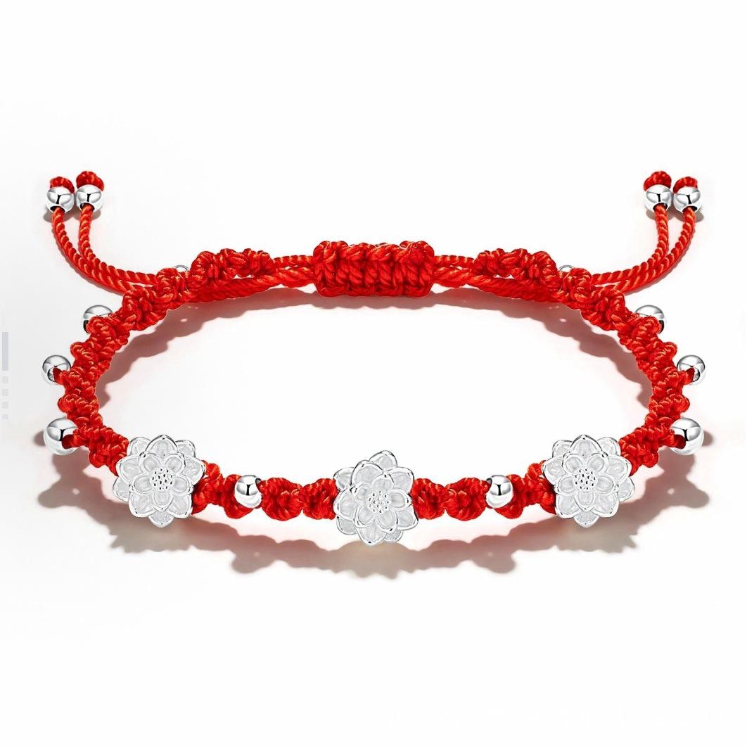 Серебряный многоцветный плетеный браслет с лотосом и бабочкой для женщин