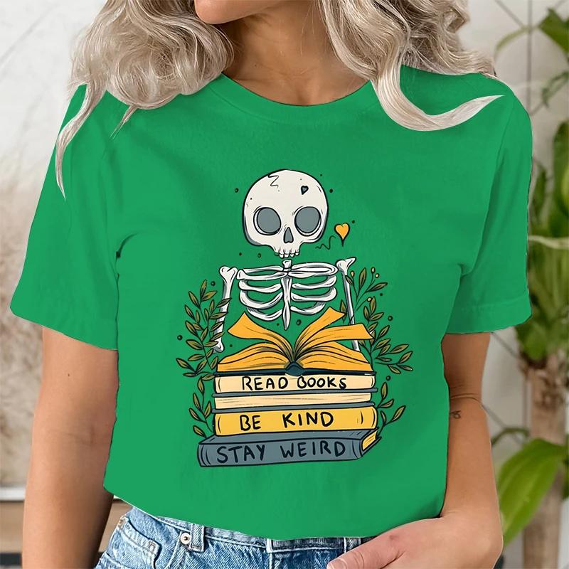 Read Books De Kind Stay Weird Tshirts Women Retro Skull Skeleton Tshirt Short Sleeve Oneck Shirt Bookworm Book Lover T Shirt