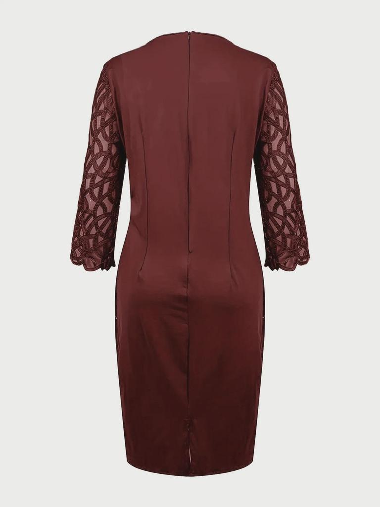 Women's European & American Round Neck Shiny Slim Party Dress with Mesh Three-Quarter Sleeves
