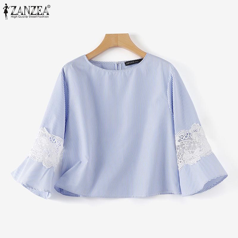 

ZANZEA Женская повседневная кружевная летняя блузка в полоску с рукавами 3/4