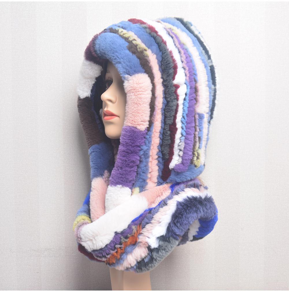 Hot Sale New Women Real Knitted Rex Rabbit Fur Hat Hooded Scarf Long Winter Warm Fur Hat With Neck Collar Scarves Hat Scarf
