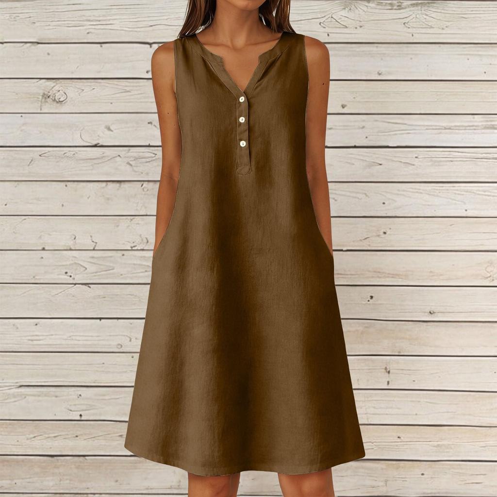 Women's Summer Casual V-neck Button Color Sleeveless Long Dress With Pockets
