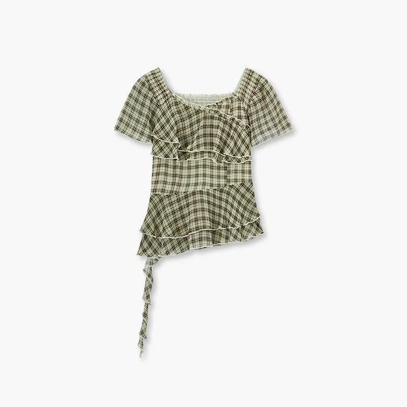EICHITOO Women's Plaid V-Neck Short-Sleeved Shirt