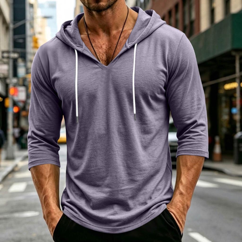 Men's Loose Fit Casual Hoodie Lightweight Pullover with Three Quarter Sleeve Drawstring Hooded Shirt for Everyday Wear