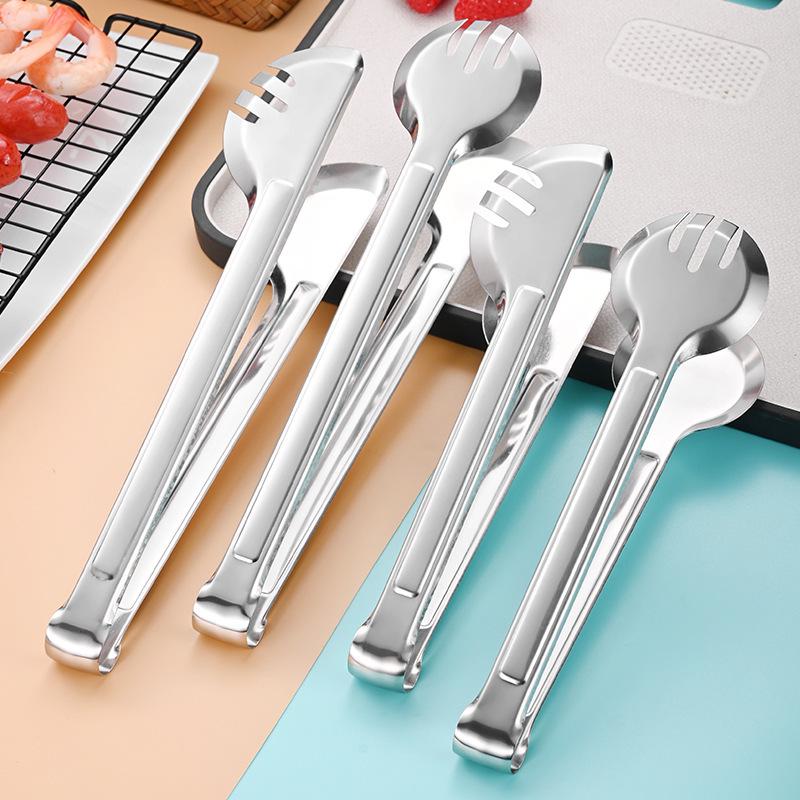 Thickened Stainless Steel Kitchen & BBQ Food Tongs for Bread, Steak & Steamed Buns