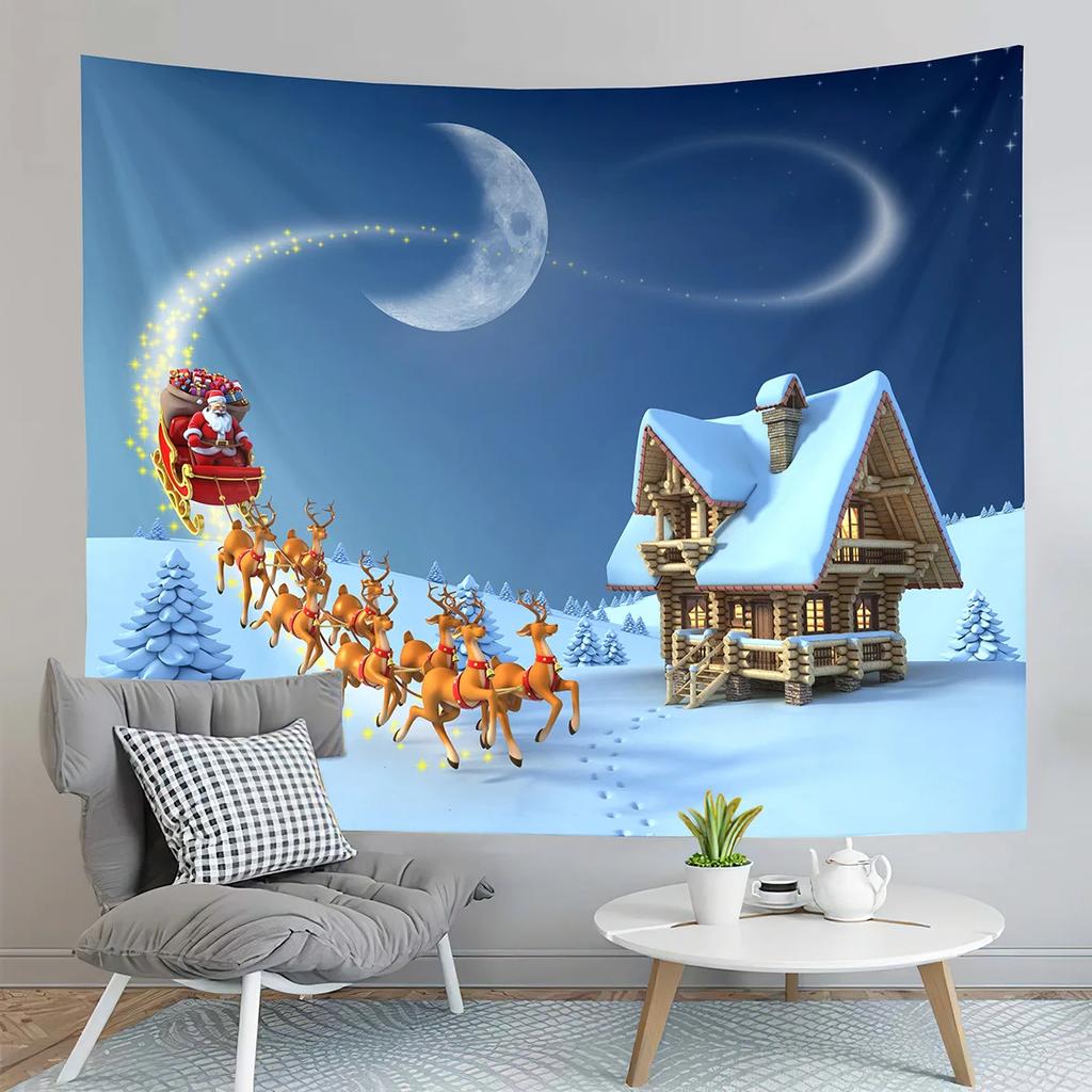 Christmas Tapestry Santa and Reindeer Delivering Gifts Tapestry Home Living Room Bedroom Dorm Wall Hanging Decorative Blanket