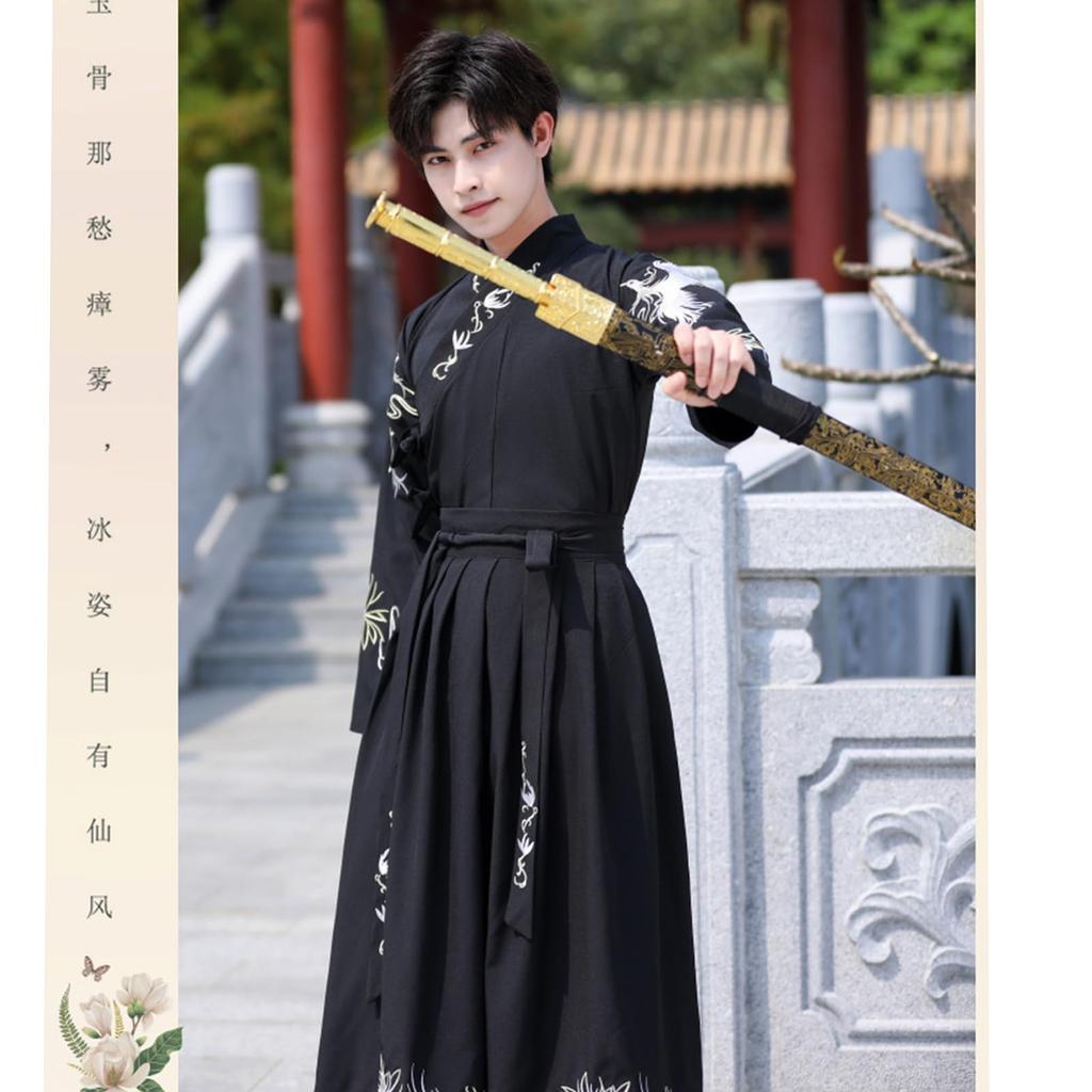 LanBuff Hanfu Cosplay Costume Chivalrous Samurai Long Chinese Performance School Cultural Photo Stage Unisex Size 3-Piece Set, Swordsman, Man,