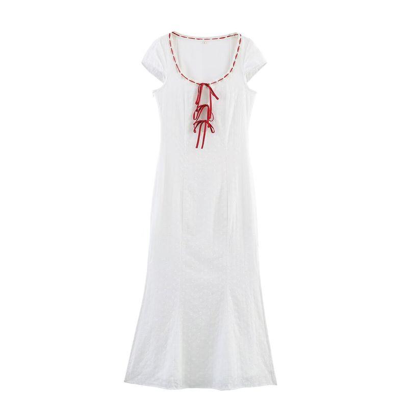 

Kaslead New Women clothes Western Style Fashion Simple Cotton Cloth Embroidery Lace Patchwork Dress White L