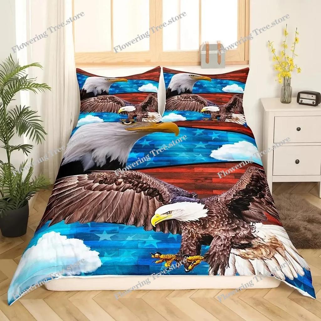 Africa Duvet Cover Set, Aerial View of Bald Eagle Flying USA, Decorative Bedding Set , Full King Size